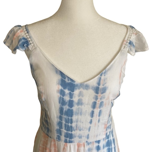 JAPNA Tie Dye Smocked Crochet Maxi Dress Ruffled Cap Sleeves White/Blue/Pink M - Picture 3 of 15